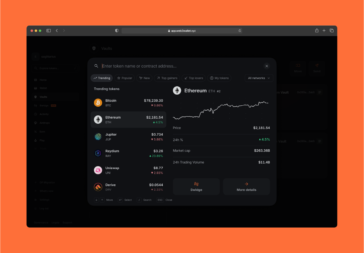 Self-custodial crypto wallet UI
